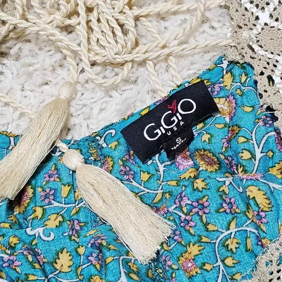 GiGiO Brand Dress Teal Multi Floral Print Crochet Trim Size Small - Picture 10 of 10